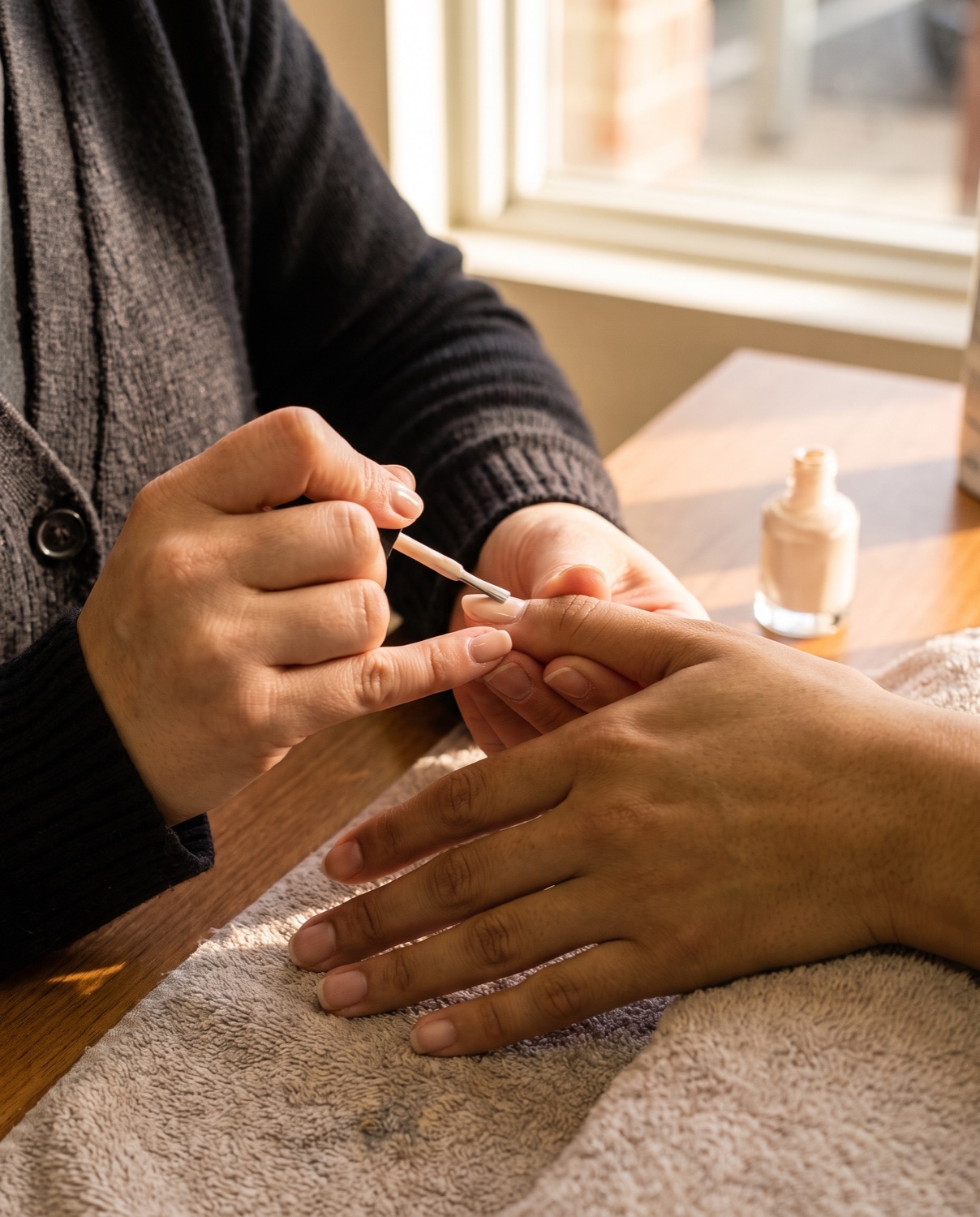 A nail technician at work on a detailed manicure